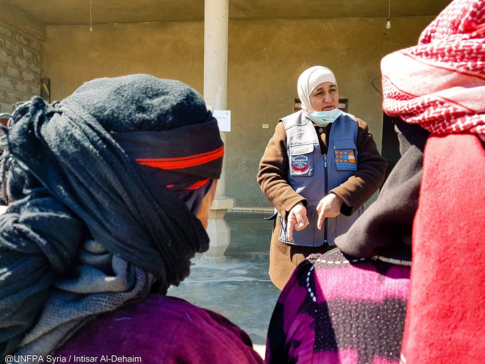 "Women in Deir-Ezzor attend a UNFPA-supported awareness session on maternal health and safe delivery.