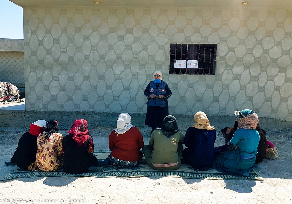 "In Deir-Ezzor, women gather to learn essential health information through a UNFPA-supported awareness session."