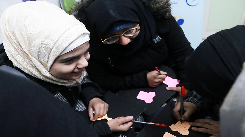 UNFPA -supported women and girls’ safe spaces in Aleppo every day to take part in activities like vocational training, awareness