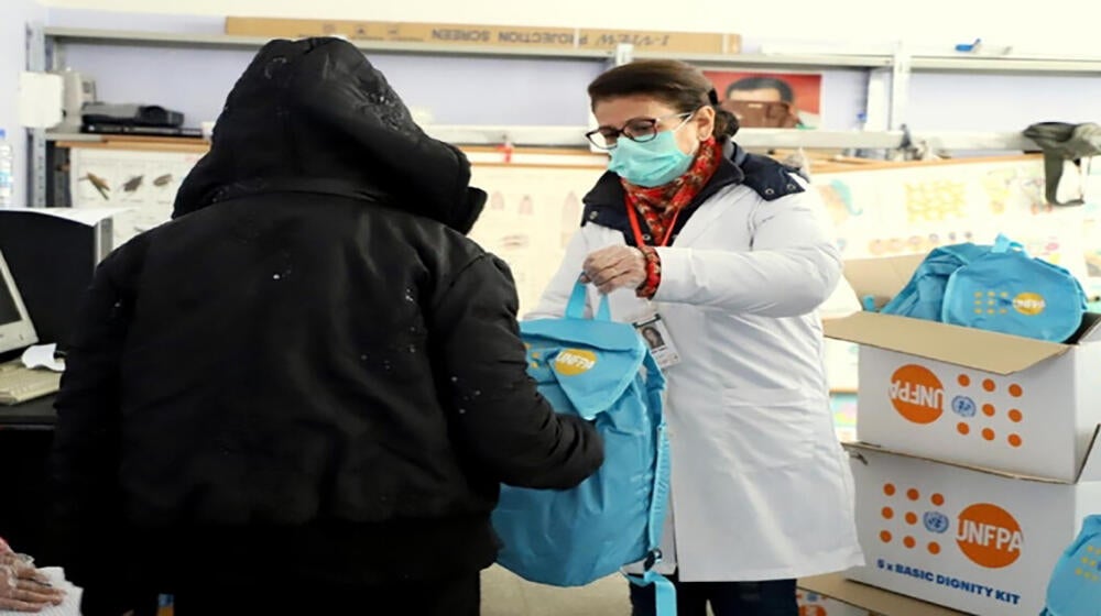 UNFPA through its partner, the Syrian Family Planning Association (SFPA), delivers dignity kits and basic health service support